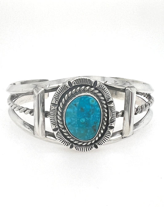 Vintage Native American Cuff Bracelet With Bezel Set Turqoise Centered,