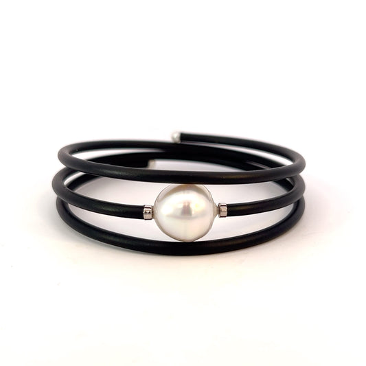 South Sea White Pearl, Black Leather Triple Wrap Bracelet