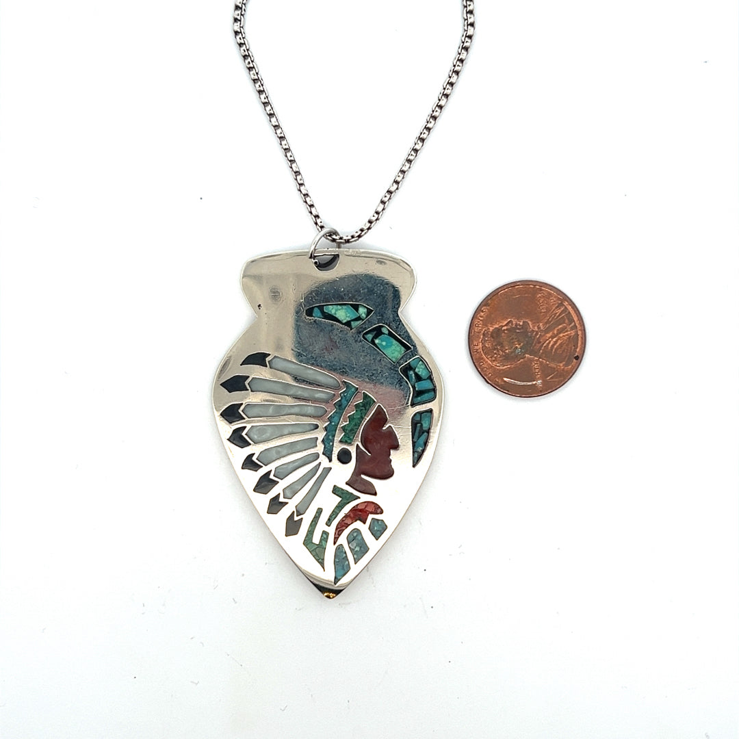 Native American Silver Arrowhead Shaped Pendand With Inlay