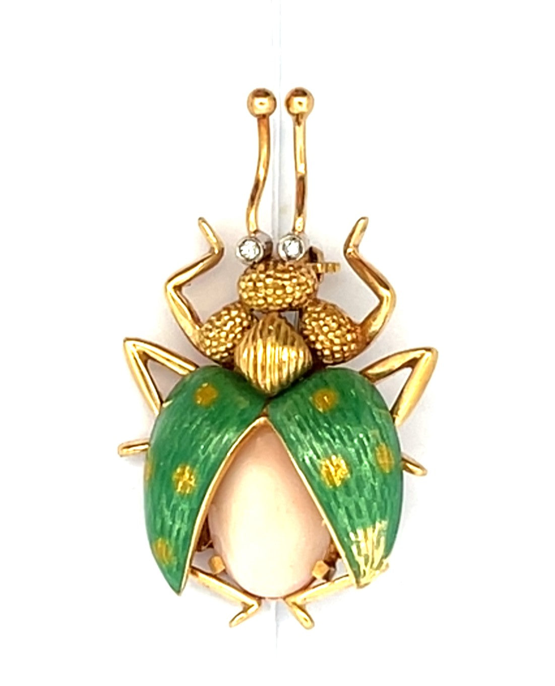 Vintage Coral, Enamel and Diamond Beetle Brooch