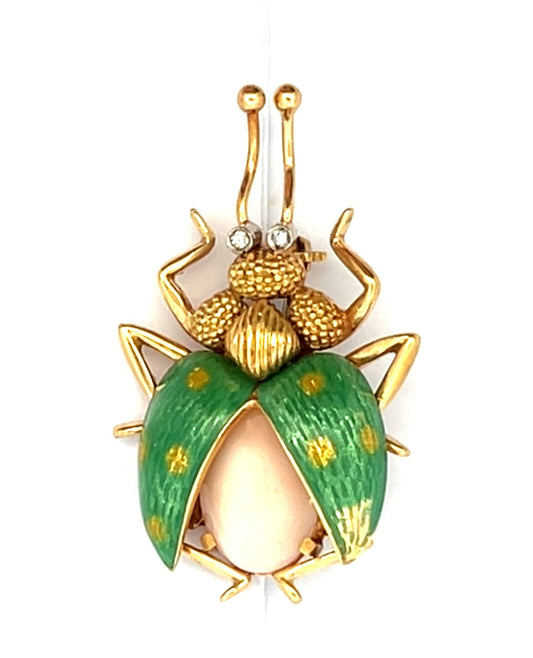 Vintage Coral, Enamel and Diamond Beetle Brooch