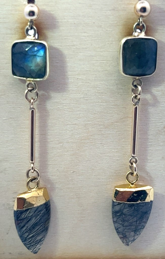 Labradorite Cube Bezel Set Drop Earrings  With Rutilated Quartz Dangles  Earrings