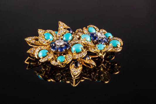 Vintage Double Floral Brooch with Blue Sapphire, Turqouise, Diamonds.