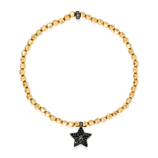 A Star  Silver Pave Diamond Charm Dangiling from Square Beaded Stretchy Bracelet