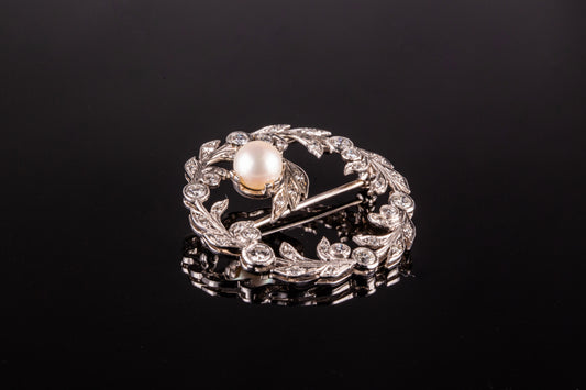 Vintage Cirlce Vine Brooch With Diamonds And A Pearl