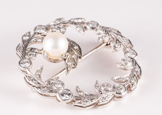 Vintage Cirlce Vine Brooch With Diamonds And A Pearl