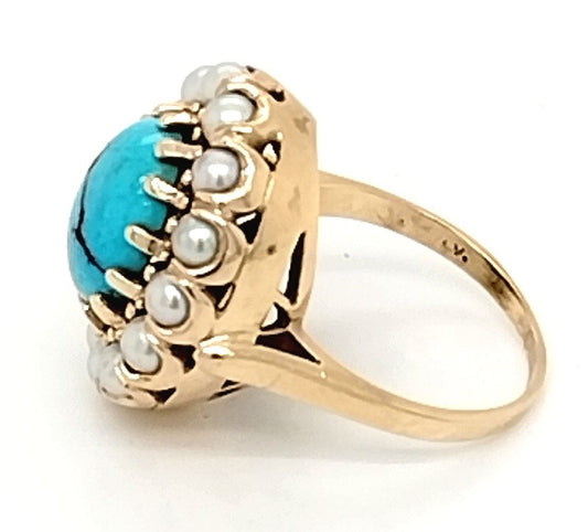 Turquoise Ring With Pearl Halo