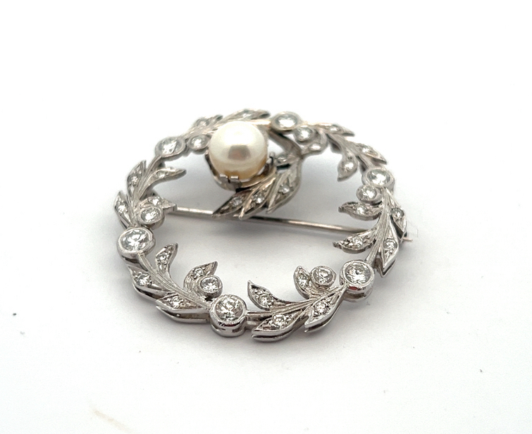 Vintage Cirlce Vine Brooch With Diamonds And A Pearl