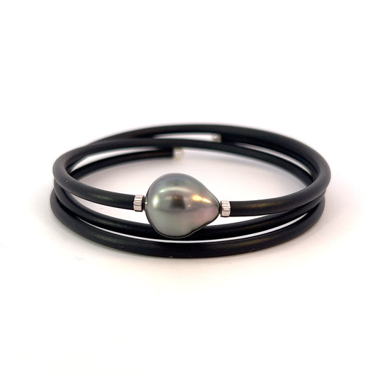 Tahitian Peacock Pearl, Black Leather Triple Wrap Bracelet