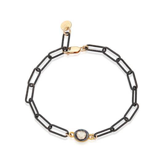 Rose Cut Diamond Bracelet  Oxidized Sterling Silver Paperclip Chain.
