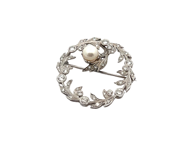 Vintage Cirlce Vine Brooch With Diamonds And A Pearl