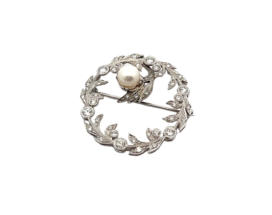 Vintage Cirlce Vine Brooch With Diamonds And A Pearl