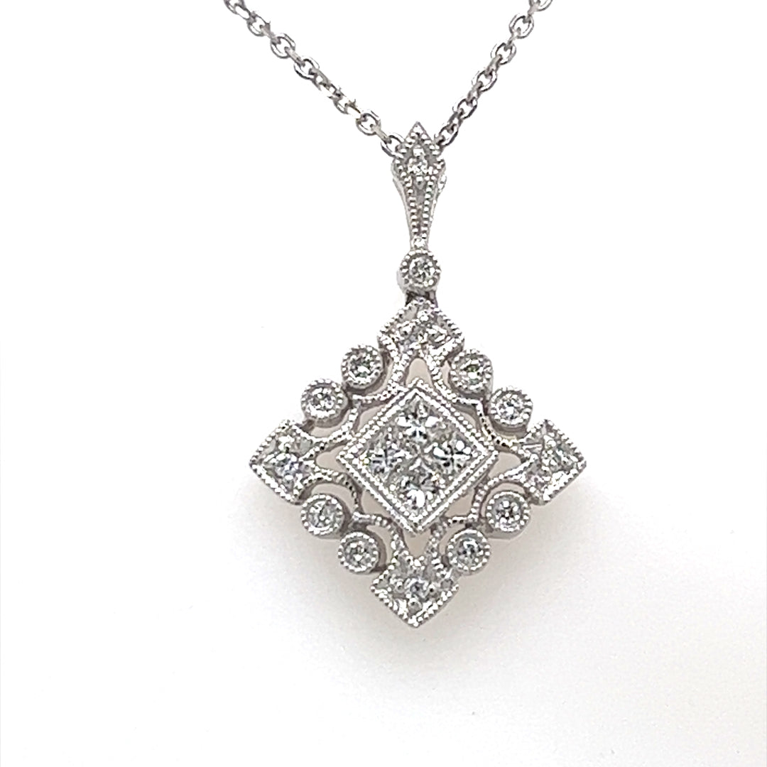 Princess Cut and Round Brilliant Cut Diamond Necklace with Chain