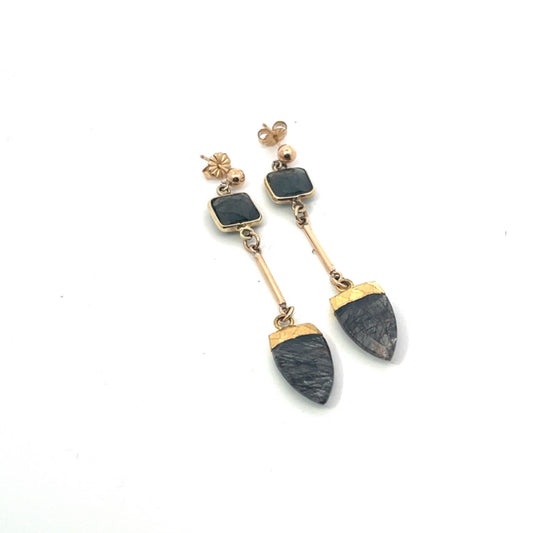 Labradorite Cube Bezel Set Drop Earrings  With Rutilated Quartz Dangles  Earrings