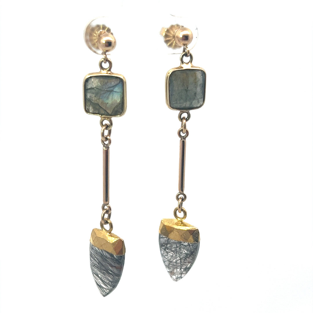 Labradorite Cube Bezel Set Drop Earrings  With Rutilated Quartz Dangles  Earrings