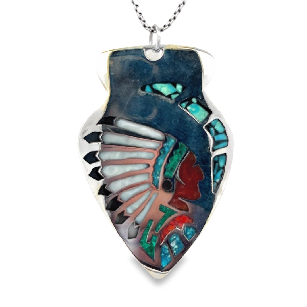 Native American Silver Arrowhead Shaped Pendand With Inlay