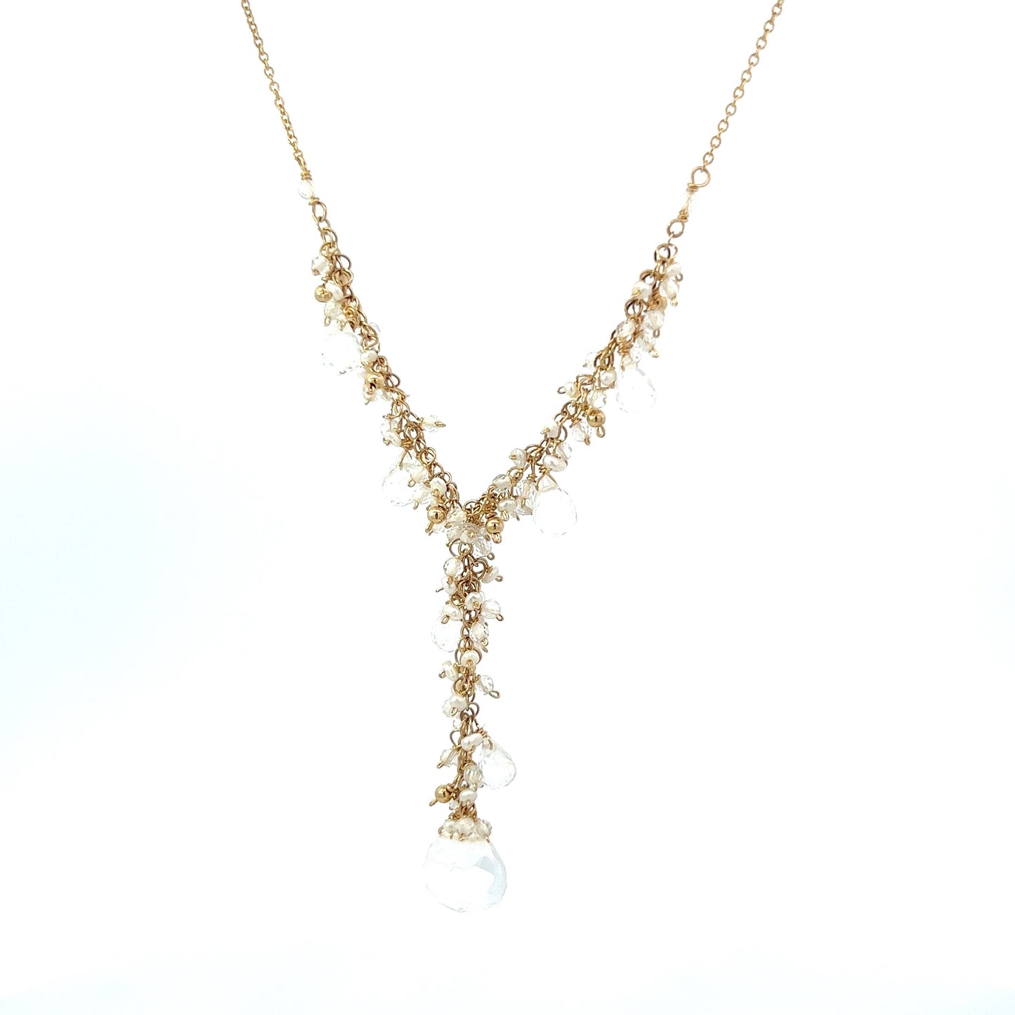 White Topaz Drop With Tiny Seed Pearls Necklace