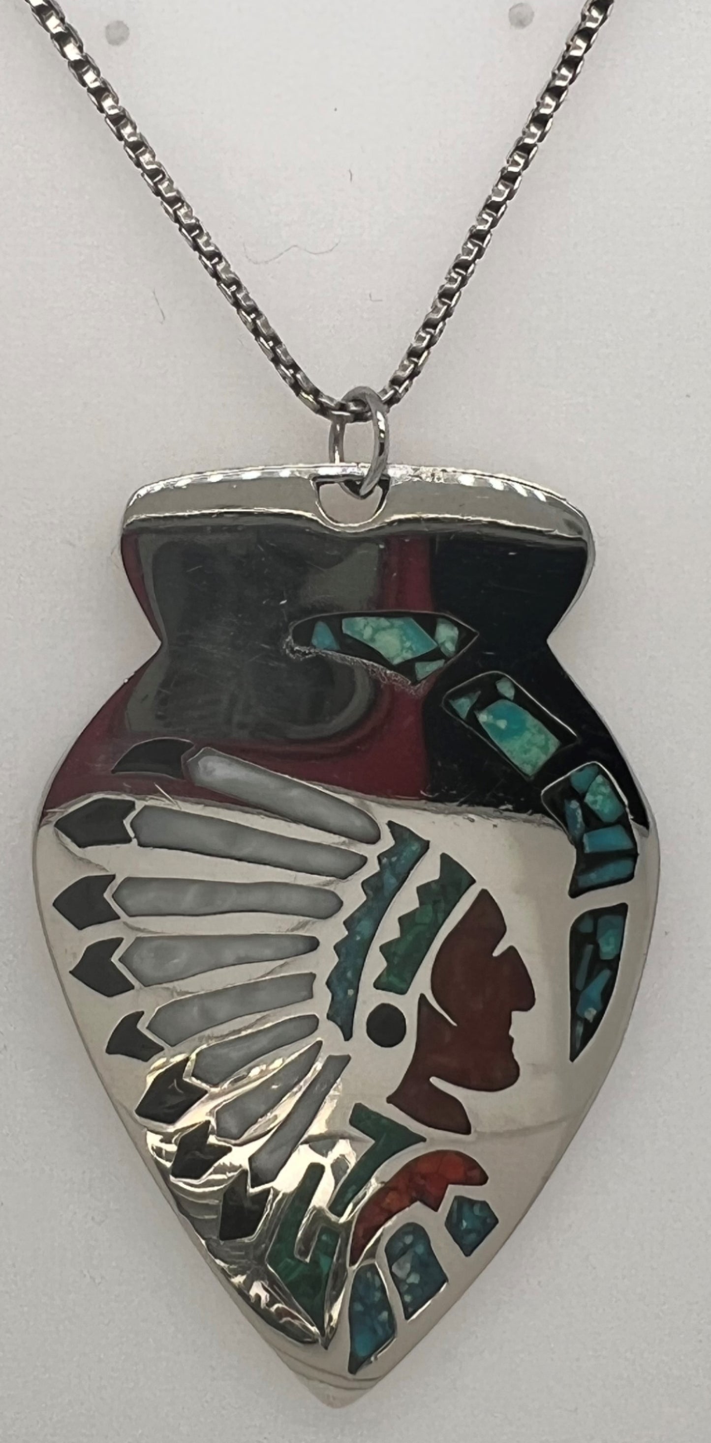 Native American Silver Arrowhead Shaped Pendand With Inlay