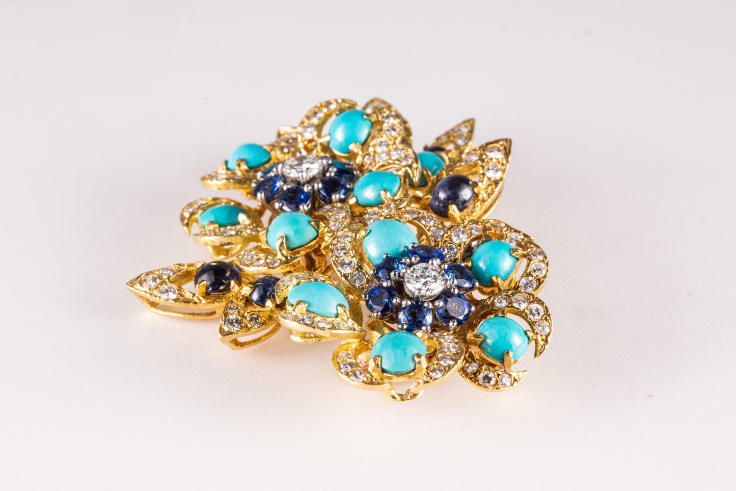 Vintage Double Floral Brooch with Blue Sapphire, Turqouise, Diamonds.