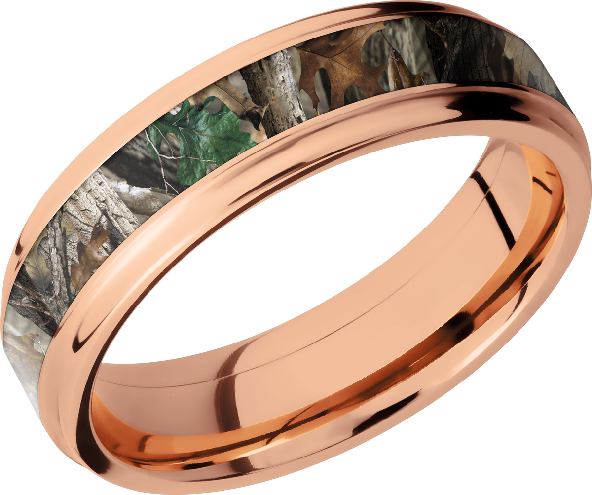 14K Rose Gold 6mm flat band with grooved edges and a 3mm inlay of Realtree Timber Camo