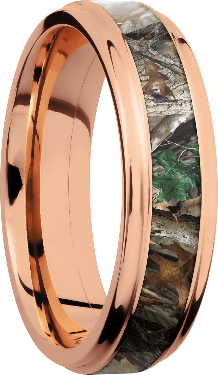 14K Rose Gold 6mm flat band with grooved edges and a 3mm inlay of Realtree Timber Camo