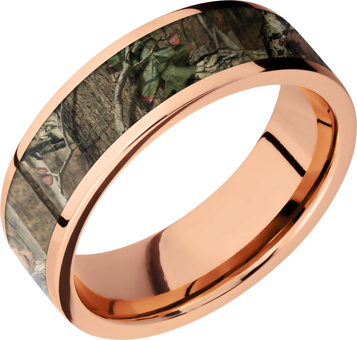 14K Rose Gold 7mm flat band with a 5mm inlay of Mossy Oak Break Up Infinity Camo