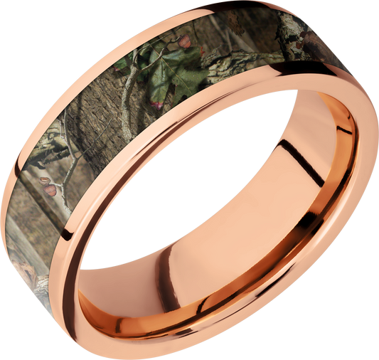 14K Rose Gold 7mm flat band with a 5mm inlay of Mossy Oak Break Up Infinity Camo