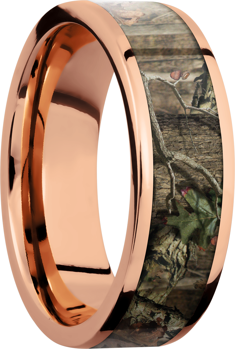 14K Rose Gold 7mm flat band with a 5mm inlay of Mossy Oak Break Up Infinity Camo