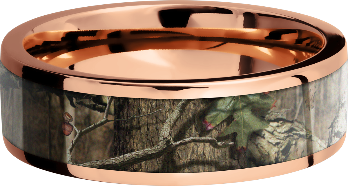 14K Rose Gold 7mm flat band with a 5mm inlay of Mossy Oak Break Up Infinity Camo