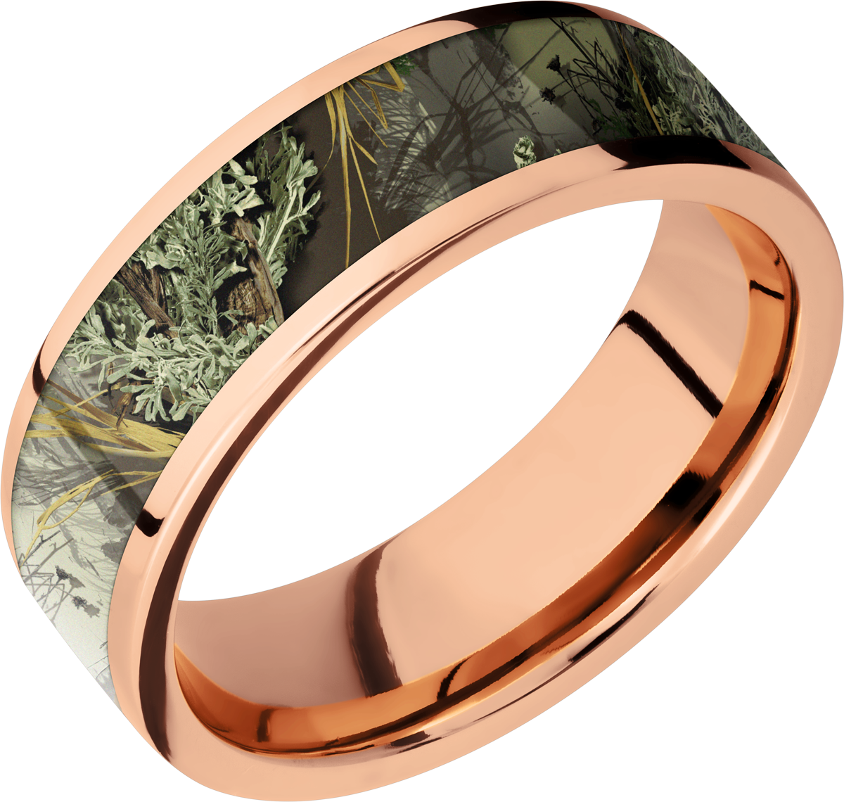 14K Rose Gold 7mm flat band with a 5mm inlay of Realtree Advantage Max Camo