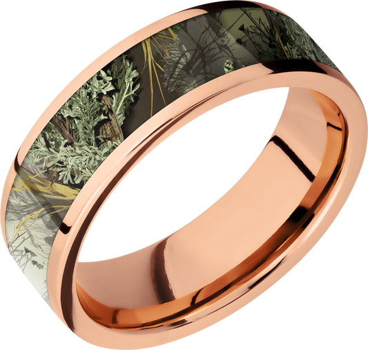 14K Rose Gold 7mm flat band with a 5mm inlay of Realtree Advantage Max Camo