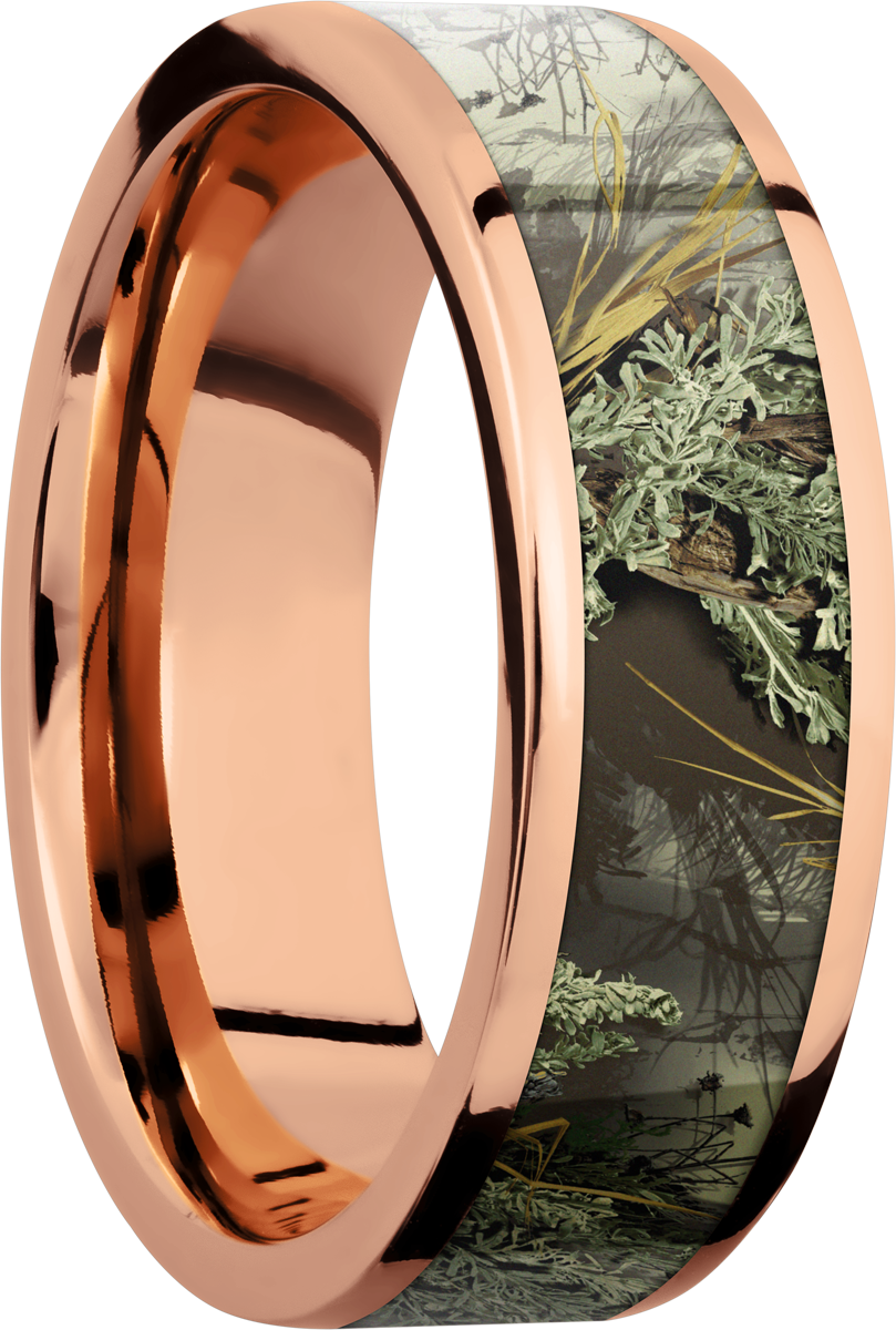 14K Rose Gold 7mm flat band with a 5mm inlay of Realtree Advantage Max Camo