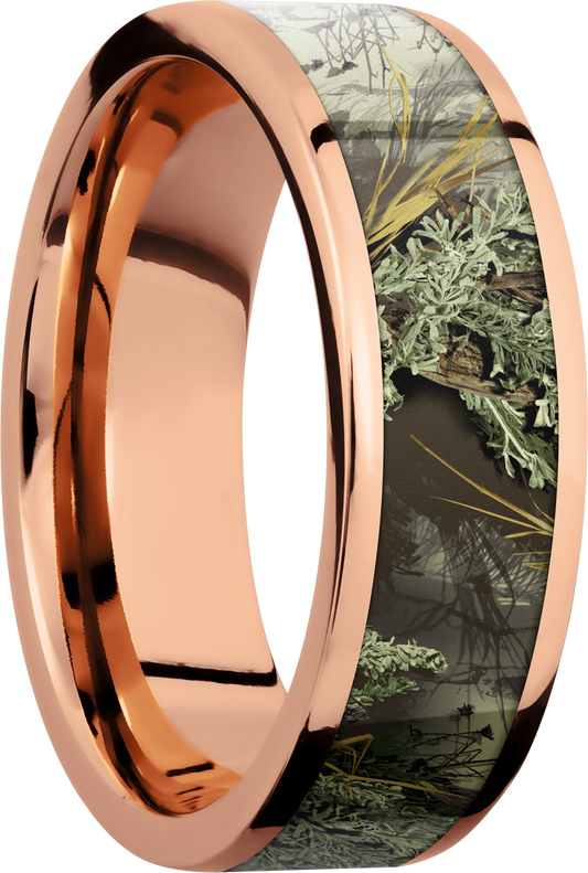 14K Rose Gold 7mm flat band with a 5mm inlay of Realtree Advantage Max Camo