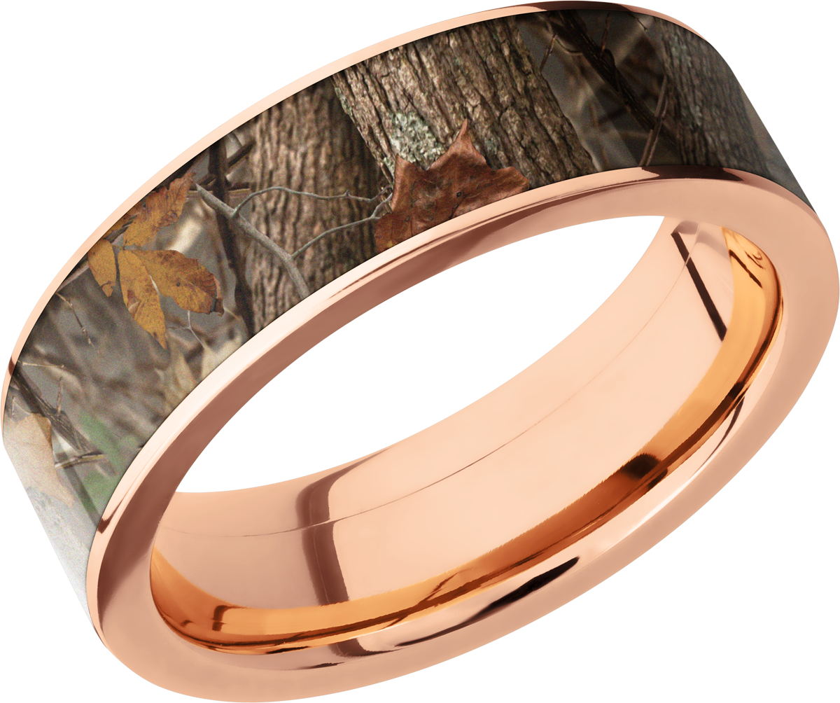 14K Rose Gold 7mm flat band with a 6mm inlay of Kings Woodland Camo