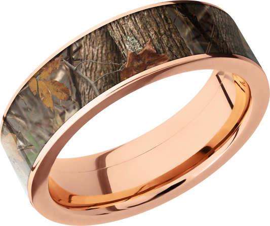 14K Rose Gold 7mm flat band with a 6mm inlay of Kings Woodland Camo