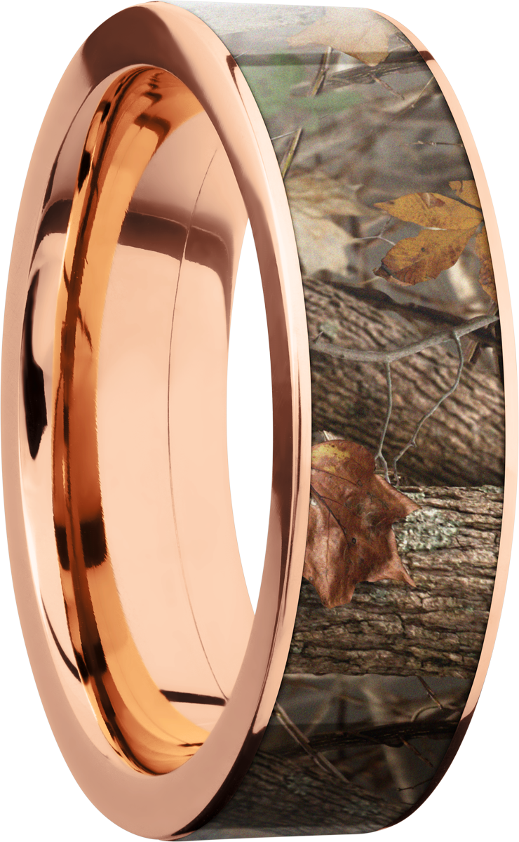 14K Rose Gold 7mm flat band with a 6mm inlay of Kings Woodland Camo