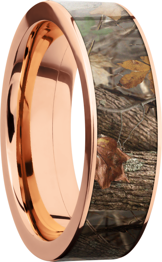 14K Rose Gold 7mm flat band with a 6mm inlay of Kings Woodland Camo