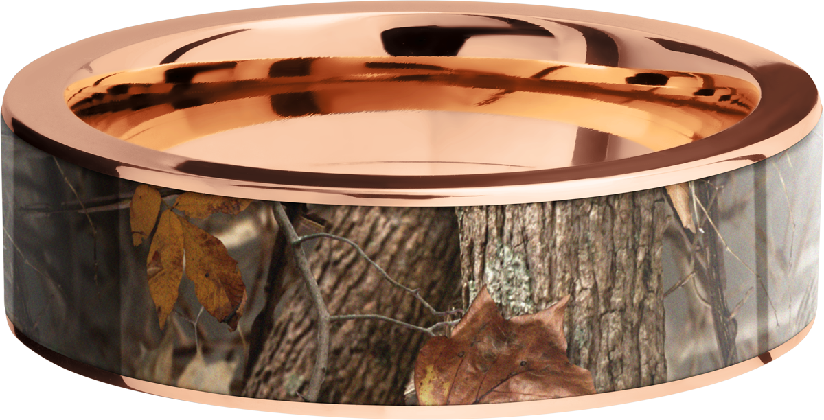 14K Rose Gold 7mm flat band with a 6mm inlay of Kings Woodland Camo