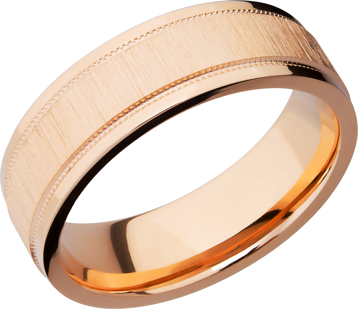 14K Rose gold 7mm domed band with grooved edges and reverse milgrain detail