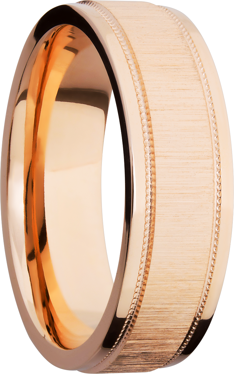 14K Rose gold 7mm domed band with grooved edges and reverse milgrain detail