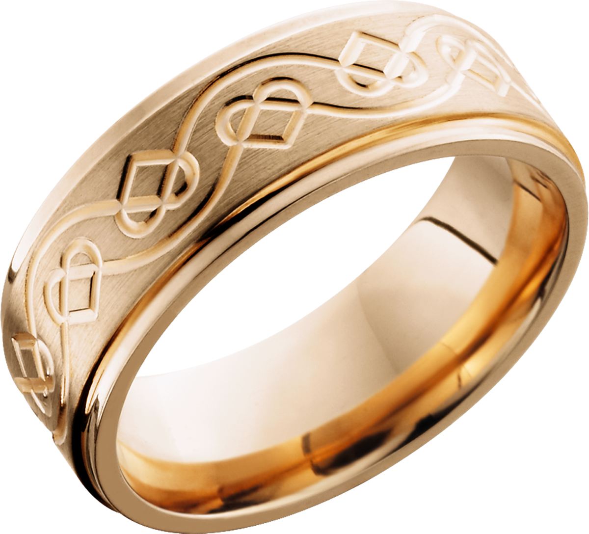 14K Rose gold 8mm flat band with grooved edges and a laser-carved celtic heart pattern