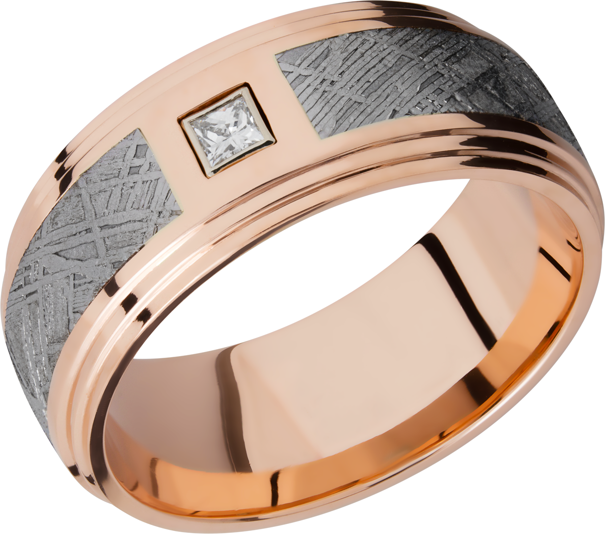 14K Rose gold 9mm flat band with an inlay of authentic Gibeon Meteorite and a white diamond accent