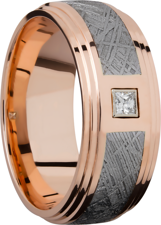 14K Rose gold 9mm flat band with an inlay of authentic Gibeon Meteorite and a white diamond accent