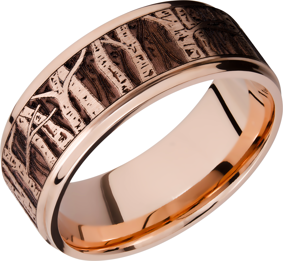 14K Rose gold 9mm flat band with grooved edges and a laser-carved aspen treeline