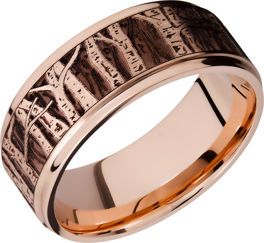 14K Rose gold 9mm flat band with grooved edges and a laser-carved aspen treeline