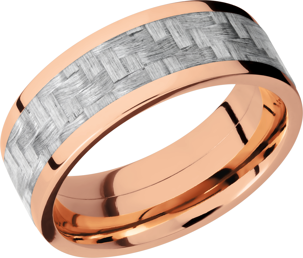 14K Rose Gold 8mm flat band with a 5mm inlay of silver Carbon Fiber