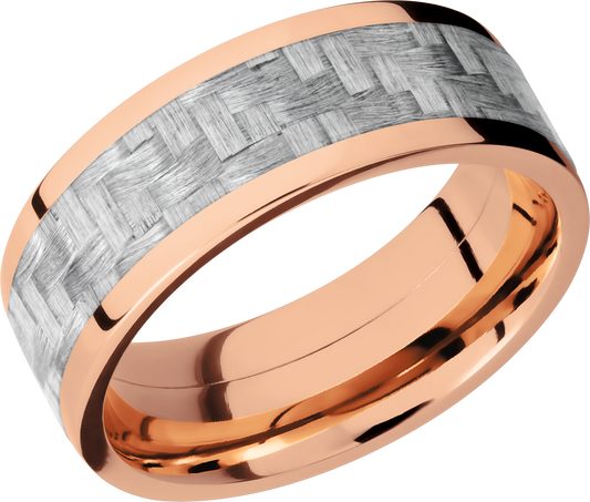 14K Rose Gold 8mm flat band with a 5mm inlay of silver Carbon Fiber