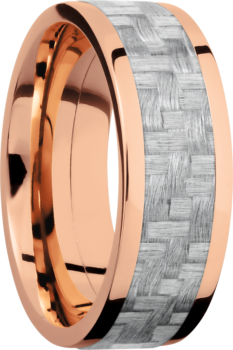 14K Rose Gold 8mm flat band with a 5mm inlay of silver Carbon Fiber