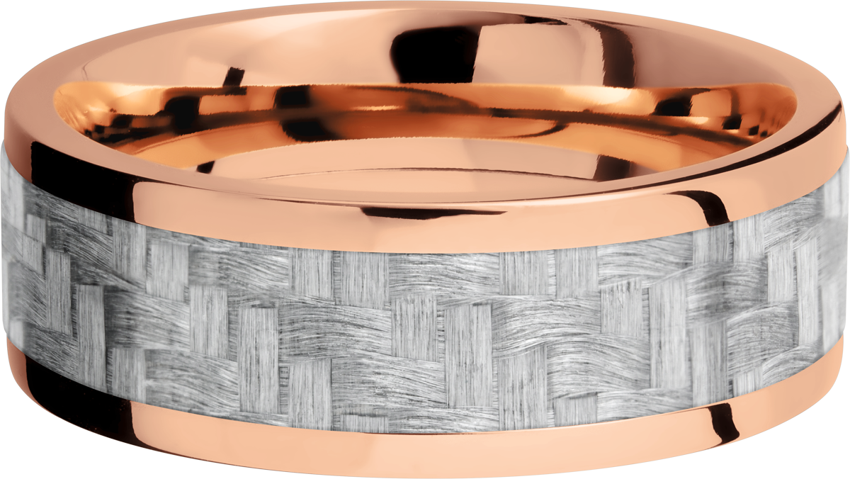 14K Rose Gold 8mm flat band with a 5mm inlay of silver Carbon Fiber