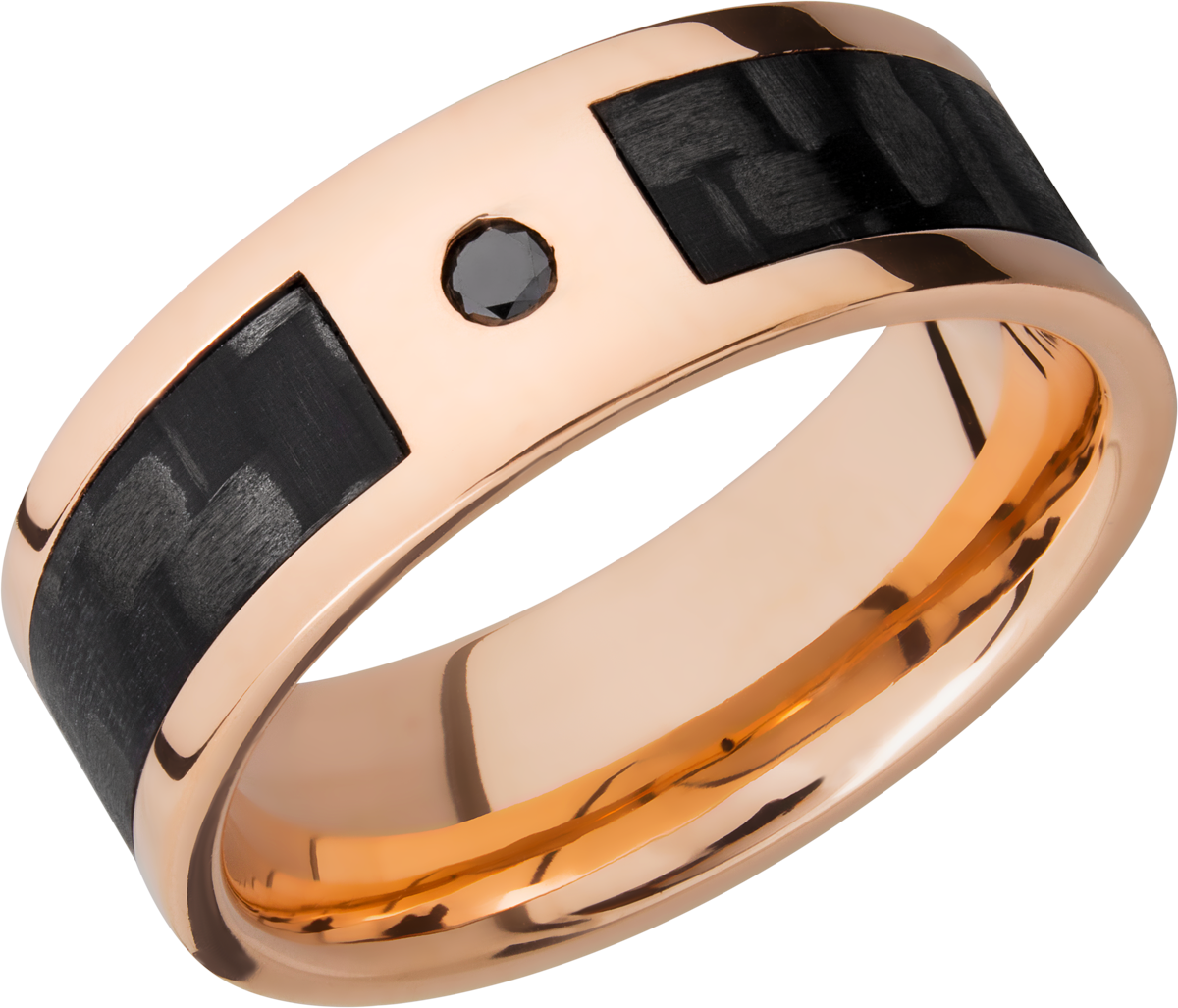 14K Rose Gold 8mm flat band with a 5mm inlay of segmented black Carbon Fiber and a flush-set black diamond accent